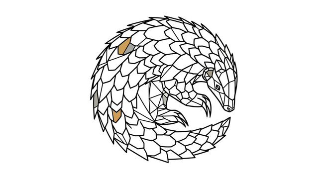 Geometric illustration of a scaled pangolin curled into a protective ball