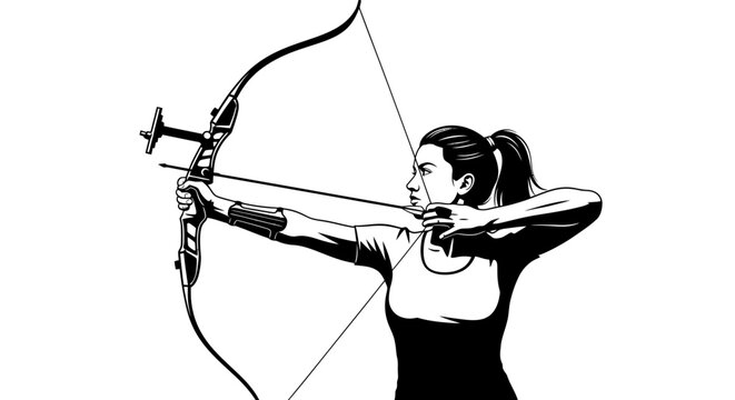 Woman archer aims bow and arrow vector illustration on white background