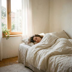 Obraz premium Portrait of a young woman sleeping peacefully with her eyes and hands closed, bathed in bright natural sunlight from the window, concept of morning peace and well-being