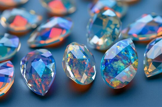 Colorful opal glass crystals arranged on a vibrant blue background captured in a high resolution close up video shot showing light refraction and texture details