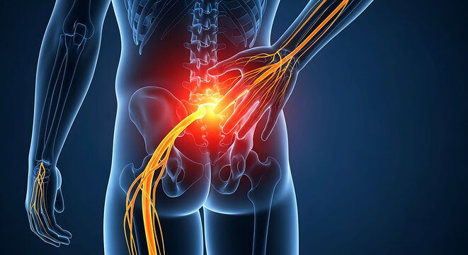 Sciatica nerve pain and lower back inflammation in human skeleton 3D illustration