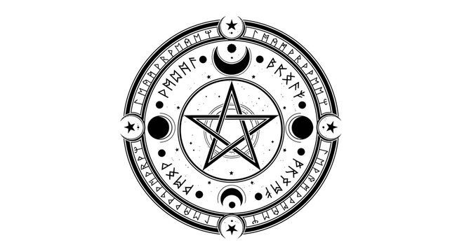 Intricate black and white pentagram illustration with celestial and circular elements