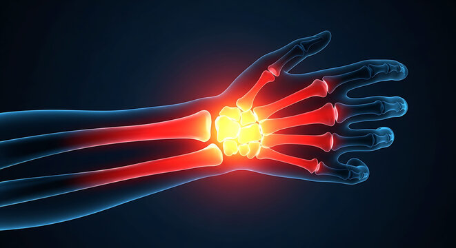 Human wrist and hand bone anatomy with red glowing pain or inflammation