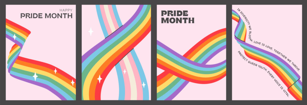 Pride Month poster set with Y2K rainbow ribbon and transgender flag wave. Retro LGBTQ vertical banners. Graphic prints with inclusive slogans for queer youth support and social media marketing. Vector