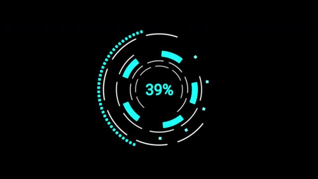 Realistic Loading Data HUD Display for cyber security. Rotating circle graphs and digital sliders. Professional UI asset.