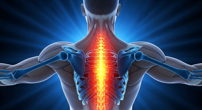 Human spine anatomy with glowing spinal cord and back muscle structure