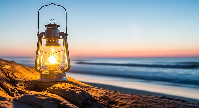Glowing antique kerosene lantern on a log at beach during sunset with kerosene, illumination