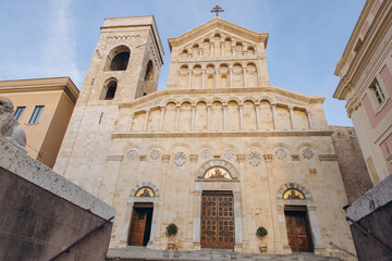 Fototapeta premium Cagliari Cathedral facade details, a Romanesque structure in Sardinia, Italy, offering a view of its historical architecture