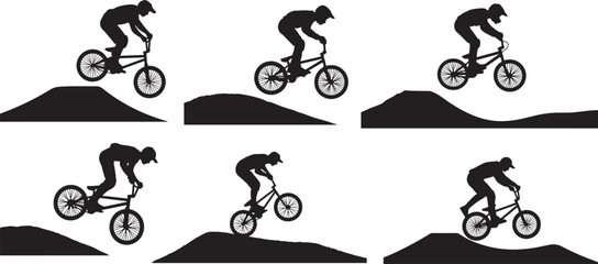Silhouette of a mountain biker in mid air performing a jump over a dirt ramp, black and white silhouette, vector and illustration set © 69creativedesigner