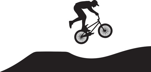 Silhouette of a mountain biker in mid air performing a jump over a dirt ramp, black and white silhouette, vector and illustration © 69creativedesigner