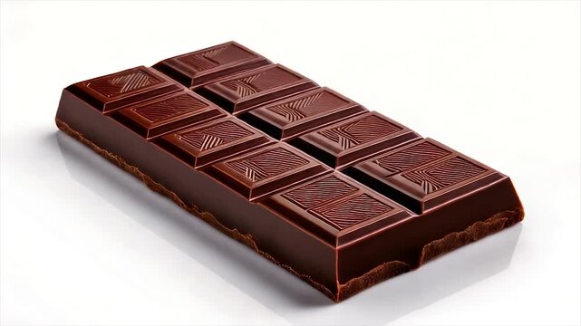 A rectangular bar of dark, textured chocolate sits on a white surface, with soft lighting