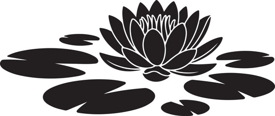 Silhouette of Water Lilies and Lily Pads Floating on Water, black and white silhouette, vector and illustration © 69creativedesigner
