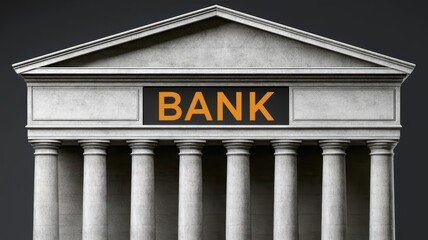 Obraz premium Classic architectural bank building front with stone pillars and bold lettering against dark gray background