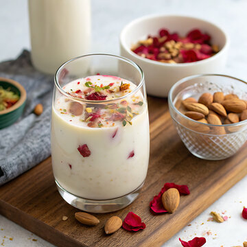 Holi thandai drink with nuts and rose petals, realistic glass photography
