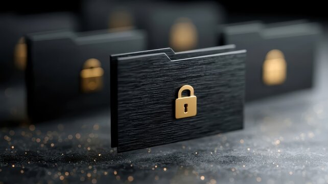 Black folders with golden padlocks representing secure data storage and information protection solutions for enterprise systems