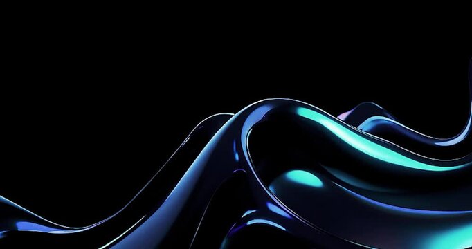 Black dark abstract background video. Iridescent fractal fluid liquid glass wave. Prism shape 3D render. Smooth curve transition loop. Rainbow light flare. Bright glow. Neon metallic futuristic 