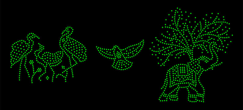 Rhinestone hotfix transfer template, traditional decorative bird, flamingo, and elephant with tree branches set, ethnic design for plain cloths, saree, laser cutting, 2.2 mm hole size 6 ss, F-1