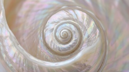 Naklejka premium Close up macro shot of a beautiful pearlescent nautilus shell featuring intricate spiral patterns and a shimmering iridescent surface texture