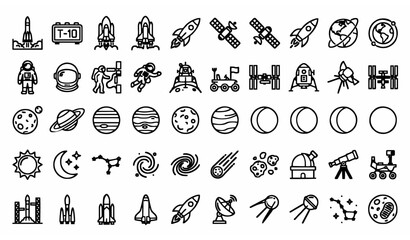 Rocket launch and space line icon collection for science education and aerospace mission vector design © Romjan