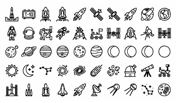 Rocket launch and space line icon collection for science education and aerospace mission vector design