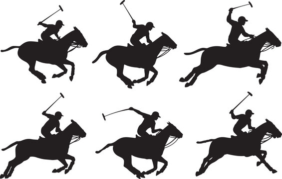 Silhouette of Polo Player on Horseback Swinging Mallet black and white silhouette, vector and illustration set