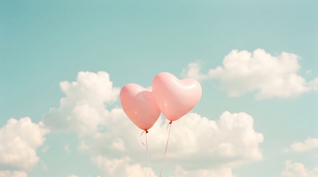 Two pink heartshaped balloons floating gently in a serene blue sky with fluffy white clouds on a beautiful sunny day