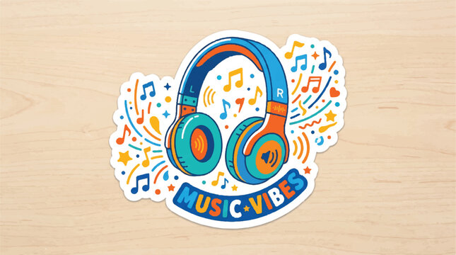 Vibrant sticker design featuring colorful headphones and music notes in a playful badge style.