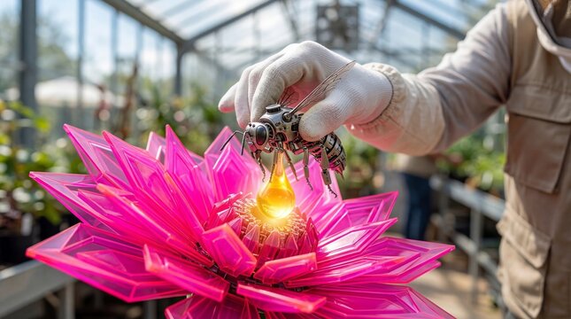 Beekeeper holding mechanical robotic bee over artificial pink flower. Innovative pollination technology and cybernetic insect concept for nature protection and digital agriculture research.