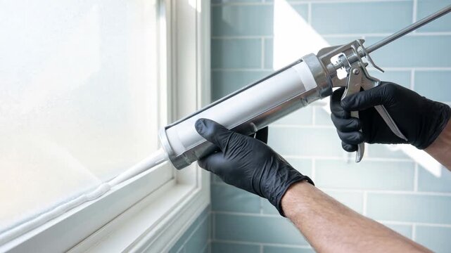 Professional handyman applying white silicone caulk to seal a window frame in a tiled room