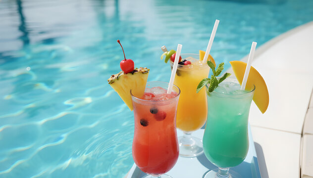 Beach party atmosphere with colorful drinks and sea background