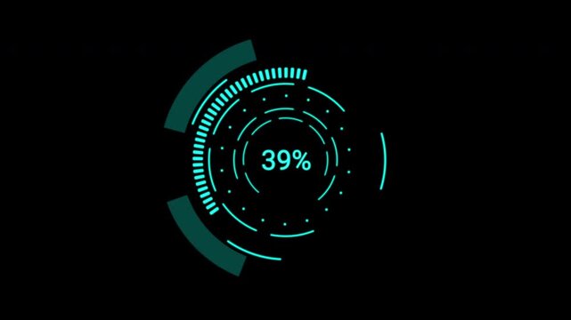 Realistic Loading Data HUD Display for cyber security. Rotating circle graphs and digital sliders. Professional UI asset.