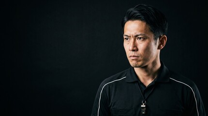 Obraz premium 漆黒の静寂とプロの眼差し。公平な判断を下す日本人男性審判の緊張感のあるクローズアップ