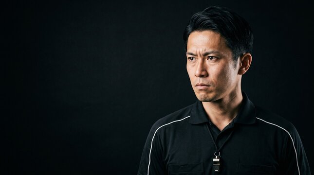 漆黒の静寂とプロの眼差し。公平な判断を下す日本人男性審判の緊張感のあるクローズアップ