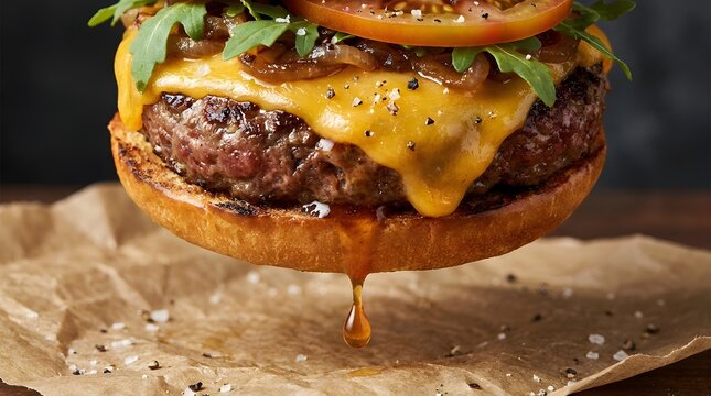 Delicious grilled beef burger with melted cheddar cheese and fresh arugula served on rustic paper for a gourmet meal experience