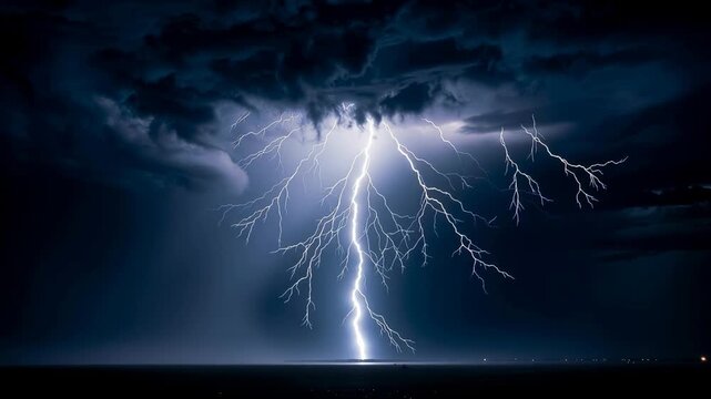 Dramatic lightning storm illuminating dark stormy sky with powerful natural energy