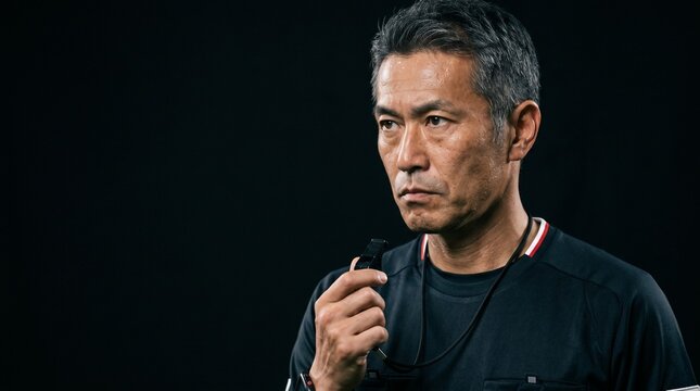 漆黒の静寂とプロの眼差し。公平な判断を下す日本人男性審判の緊張感のあるクローズアップ