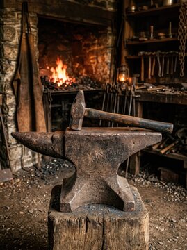 Rusty blacksmith hammer resting on anvil in dim workshop rusty metal forge