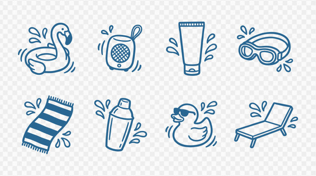 Collection of summer vacation and pool party icons in a doodle style
