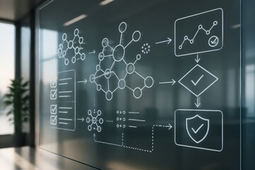 Fototapeta premium AI data security network diagram on glass wall for business analytics cybersecurity and technology presentation