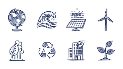 Eco Icons Collection: A collection of meticulously sketched eco-friendly icons, artfully illustrating diverse concepts of environmental conservation and sustainability. © Jannat