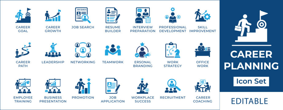 Career planning icon set featuring job search, resume cv writing, professional growth, mentorship, interview preparation, leadership development, and strategic goal setting symbols.