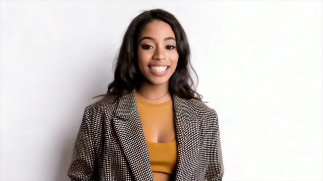 A woman in a checkered blazer and orange top, eyes closed, against white