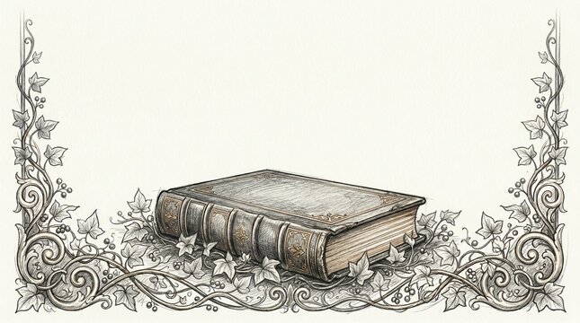 Vertical 9:16 literary background featuring a sketched vintage book with climbing ivy and an ornate scrollwork border for library and reading themes