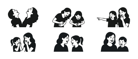 Fototapeta premium Mother and child laughing set, happy family moments vector illustration, silhouettes of parent and kids expressions, joyful bonding, cheerful people talking and giggling collection for graphic design