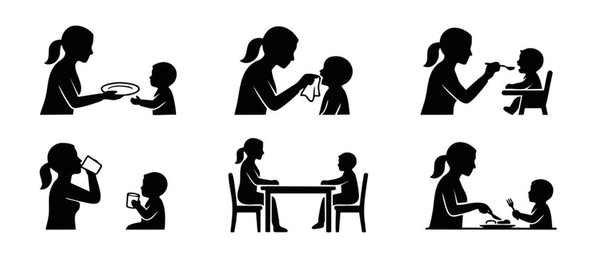 Mother and baby feeding icons, child care routine silhouettes, parenting activities, healthy eating, infant nutrition and mealtime habits, set of black pictogram collection for family life concepts.