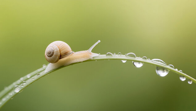 朝露の残る草の曲線をはうカタツムリの自然写真