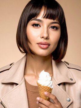 A woman with short dark hair and bangs is holding a vanilla ice cream cone, wearing a beige trench coat over a brown top, looking directly at the camera against a plain background.