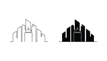 Abstract cityscape with dome building in line art and solid silhouette urban scene © Daniel