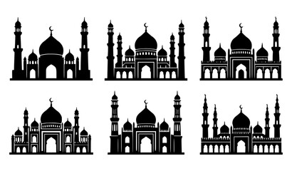 Mosque skyline silhouette set with Islamic domes and minarets isolated on white background © MdShohagAhammad
