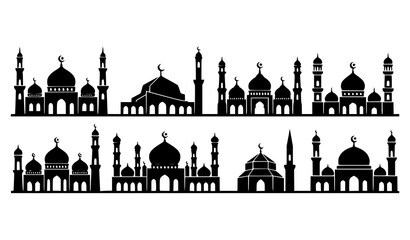 Islamic mosque skyline silhouettes vector collection with domes and minarets isolated on white © MdShohagAhammad